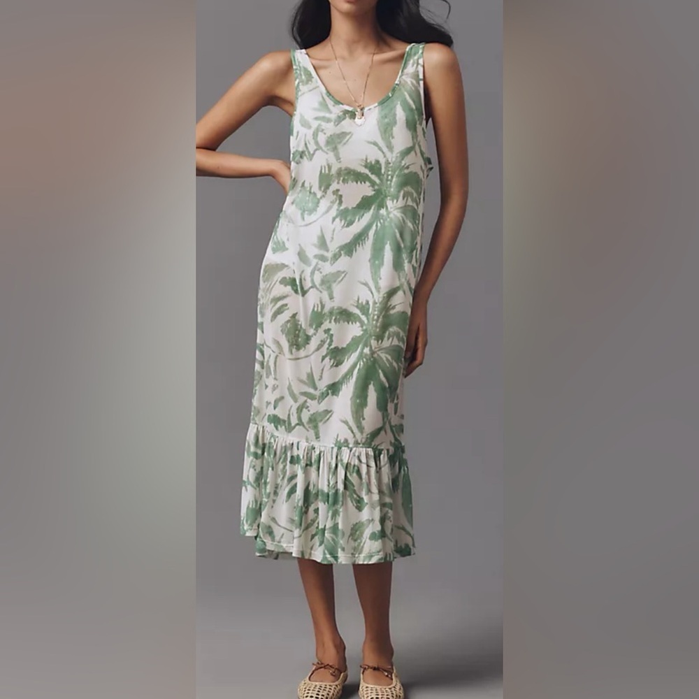 Anthro x Celandine Mesh Sleeveless Green Palm Print Swim Coverup Dress ONE SIZE